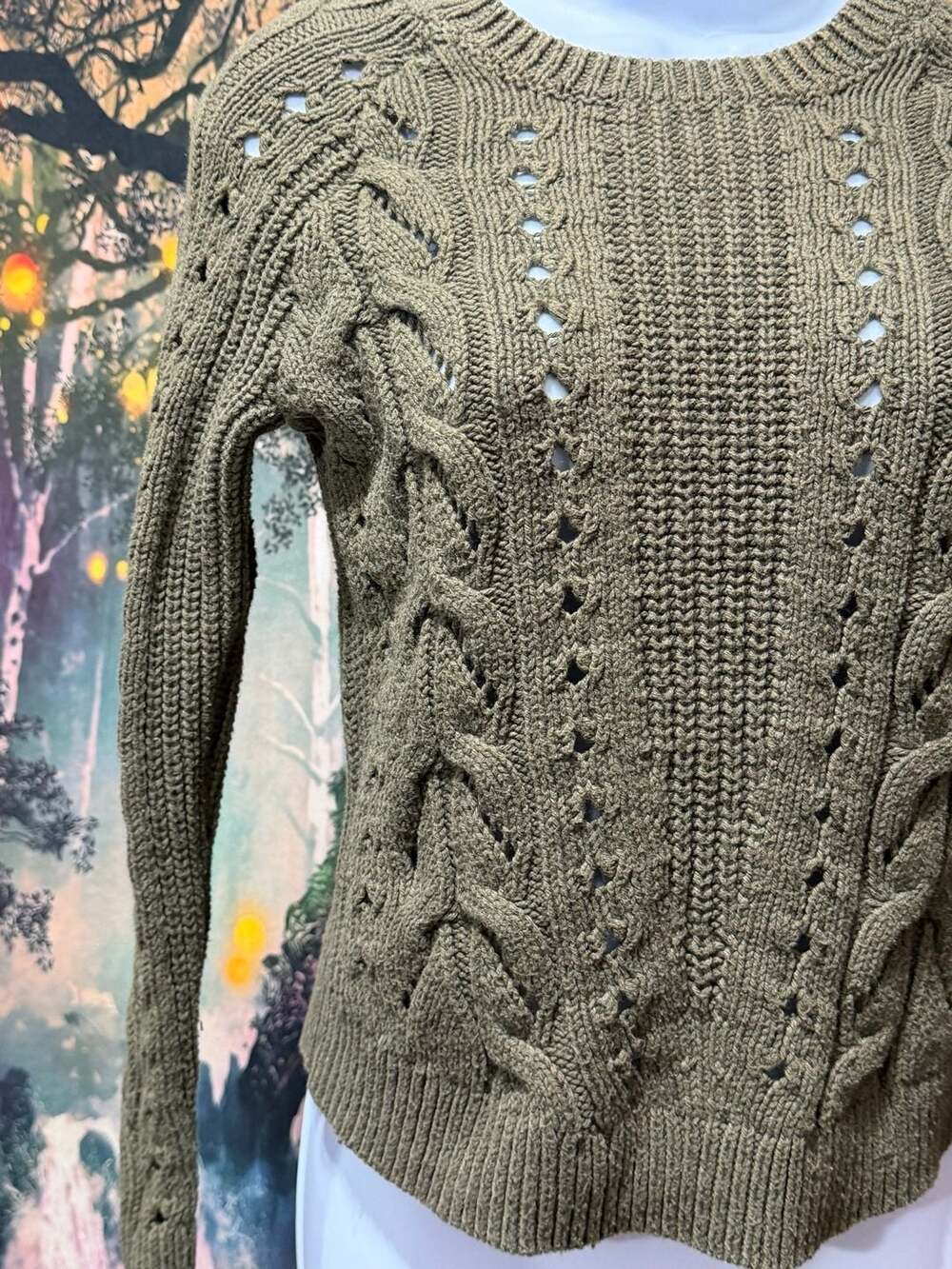 Lucky Brand Cable Knit Sweater Olive Green XS 18ptp - Picture 2 of 7